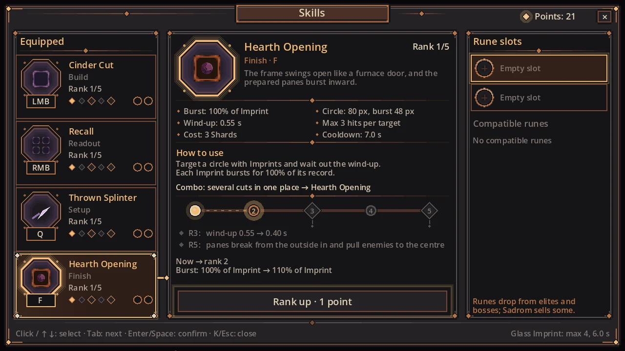 Skills window showing the Shardkeeper's Hearth Opening skill and its rank path