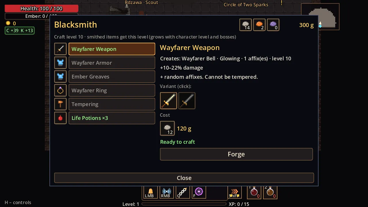 The Blacksmith window with recipes and costs