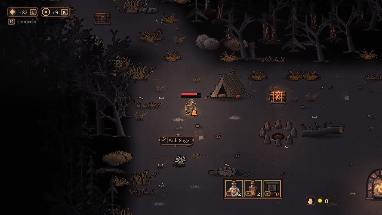 A tent and a cold fire pit in the dark forest